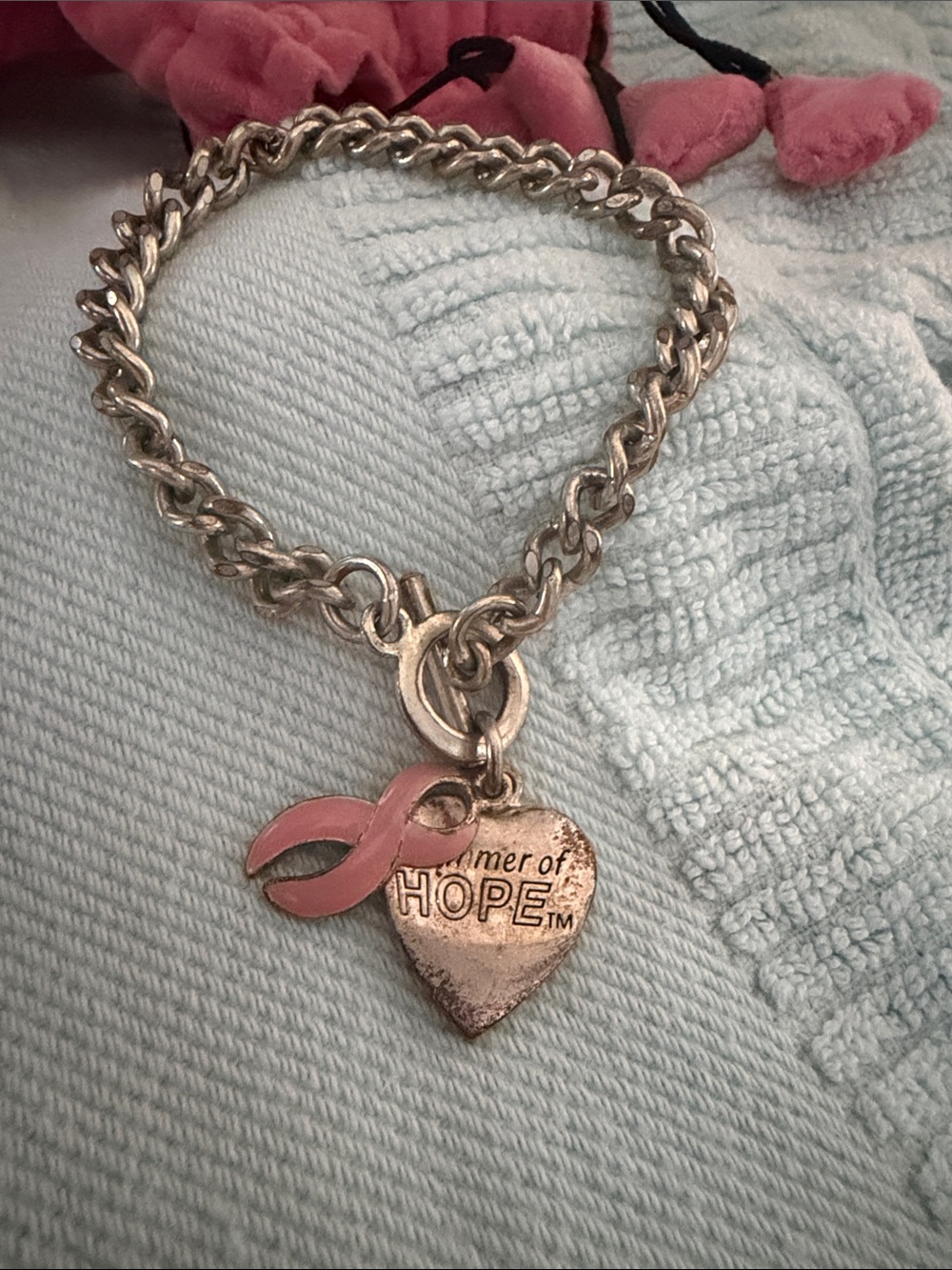 Pink Ribbon Heart Charm Bracelet - Member of Hope- sterling silver toggle clasp